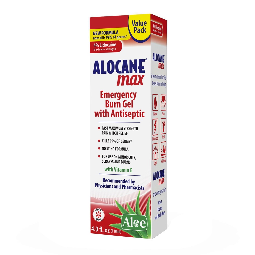Αλοκάνιο Max Burn Gel έκτακτης ανάγκης, 4% Υδροχλωρική λιδοκαΐνη, .13% Χλωριούχο βενζαλκώνιο, μέγιστη ανακούφιση αντοχής, Itch Relief, για ηλιακά εγκαύματα, κουζίνα, ακτινοβολία, χημικά, πρώτα εγκαύματα, 4 Fl Oz