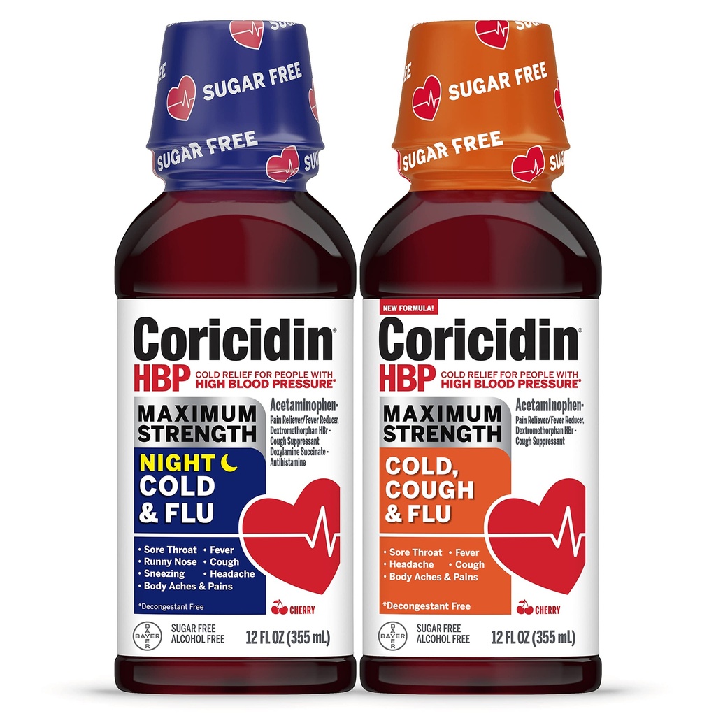 Coricidin HBP Μέγιστη δύναμη Ψυχρό & Ημέρα γρίπης & τη νύχτα Liquid Twinpack, Αποσυμφορητική-ελεύθερος Ψυχρή Ιατρική για ενήλικες με υψηλή αρτηριακή πίεση -12 fl Oz (πακέτο του 2)