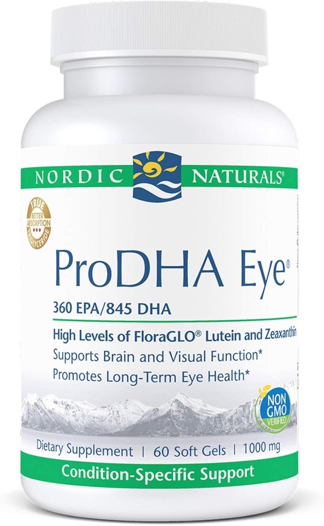 Nordic Naturals ProDHA Eye - Fish Oil, 360 mg EPA, 845 mg DHA, 20 mg FloraGLO Lutein, 4 mg Zeaxanthin, Υποστήριξη για τη Νευρολογική Λειτουργία και τη Μακροχρόνια Υγεία των ματιών*, 60 Soft Gels