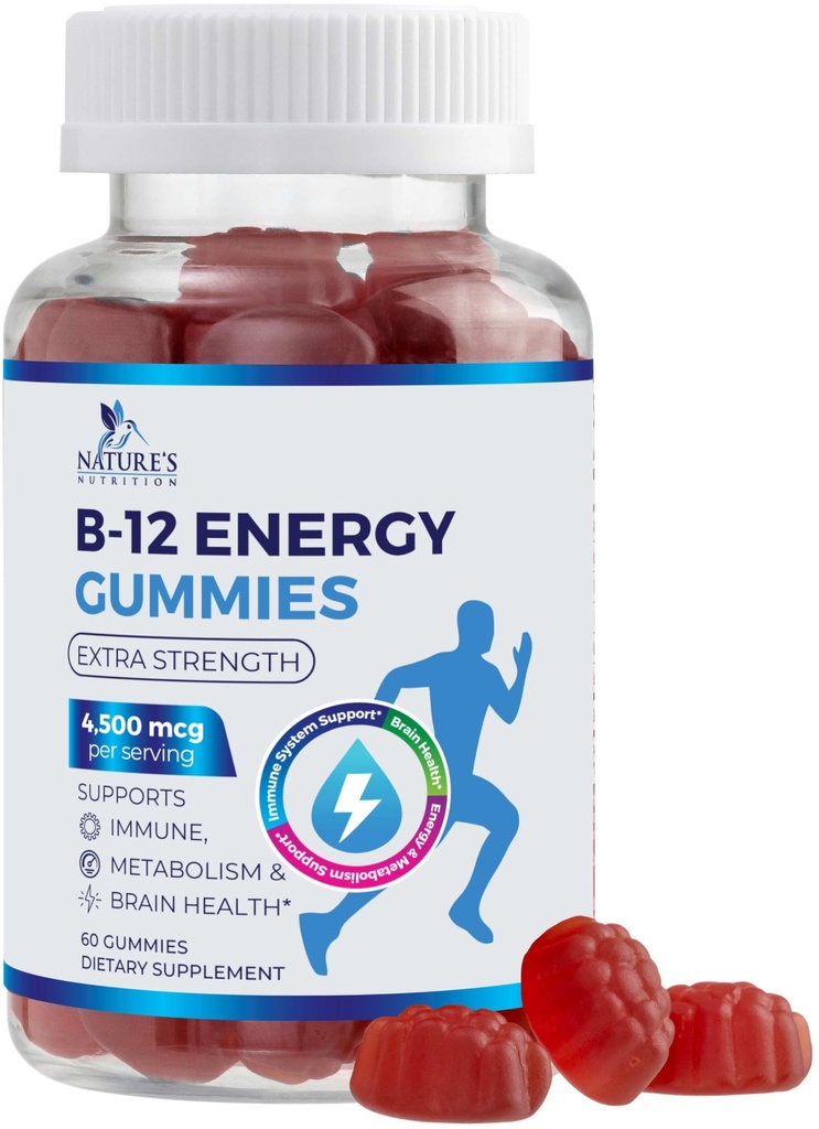 B-12 Vitamin Energy Gummies 4500mcg - Επιπλέον δύναμη B12 Gummy Μασώμενα για την ενέργεια Μεταβολισμός & ανοσοποιητική υποστήριξη - Συμπλήρωμα διατροφής για γυναίκες, άνδρες, & παιδιά - μη-GMO, Vegan, Berry Flavor - 60 Count