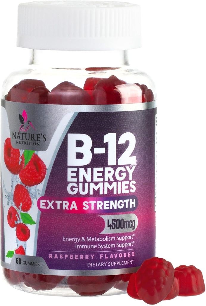 B-12 Vitamin Energy Gummies 4500mcg - Επιπλέον δύναμη B12 Gummy Μασώμενα για την ενέργεια Μεταβολισμός & ανοσοποιητική υποστήριξη - Συμπλήρωμα διατροφής για γυναίκες, άνδρες, & παιδιά - μη-GMO, Vegan, Berry Flavor - 60 Count