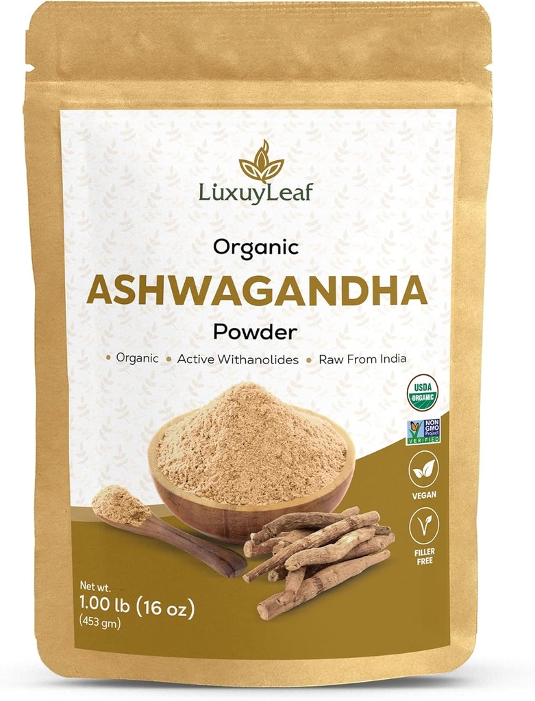 LuxuyLeafOrganic Ashwagandha Root Powder, μη ΓΤΟ & Vegan-Friendly (Σκονή Ashwagandha)