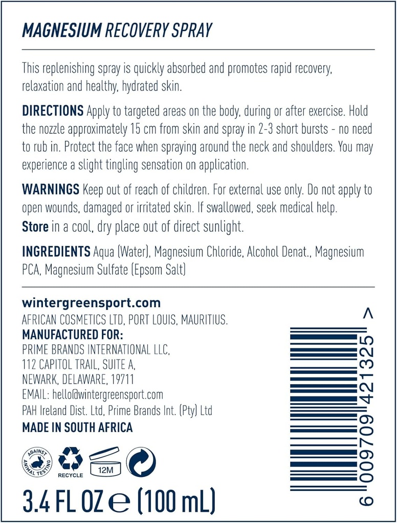 Σπρέι σώματος Wintergreen Μαγνήσιο, 3.4 fl oz – Fast-Absorbing Recovery Mist for Pain Relief, Cramping, and Mus Recovery, Non-Grazy Formula for Post-Expercise or Sports