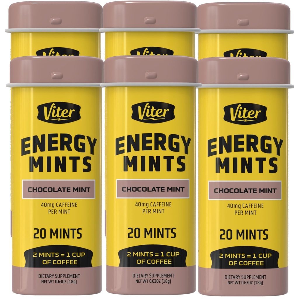Ενέργειες Viter Caffeinated Μέντες 40mg Caffeine, B Βιταμίνες, Χωρίς ζάχαρη. (Μέντα σοκολάτας, 20pcs, 6 Pack)