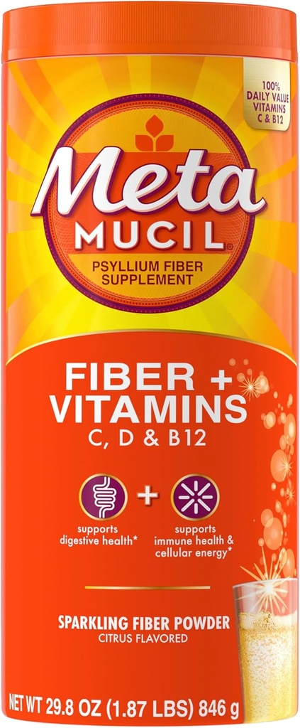 Metamucil Sparkling Fiber Supplement + Βιταμίνες, Psyllium Husk σε σκόνη με βιταμίνες C, D & B12, Daily Fiber Supplement for Digestive Health, Citrus Flavored, Sugar-Free, 90 Servings