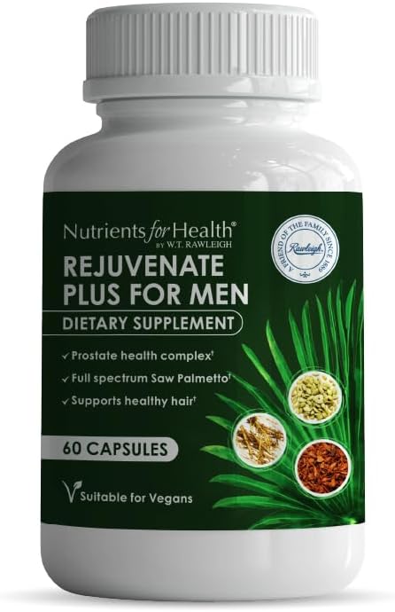 Rawleigh Rejuvenate Plus for Men: 60 Vegan Capsules | High-Potency 320mg Saw Palmetto | Pumpkin Seed, Pygeum Bark | Plant Sterols, Lycopene & Rosemary | Prostate Health Support Supplement