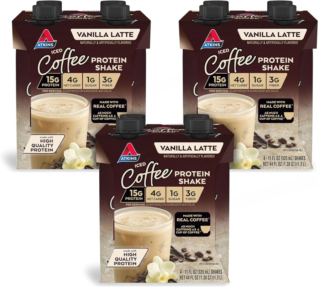 Atkins Iced Coffee Vanilla Latte Protein Shake, 15g πρωτεΐνη, χαμηλή γλυκαιμική, 4g καθαρό υδατάνθρακες, 1g ζάχαρη, Keto φιλικό, 12 συσκευασίες των 11 fl Oz