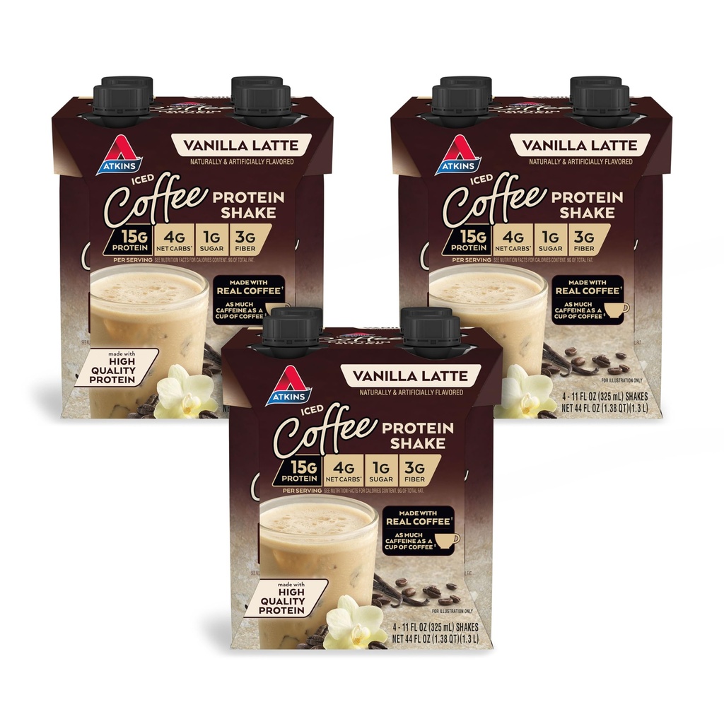 Atkins Iced Coffee Vanilla Latte Protein Shake, 15g πρωτεΐνη, χαμηλή γλυκαιμική, 4g καθαρό υδατάνθρακες, 1g ζάχαρη, Keto φιλικό, 12 συσκευασίες των 11 fl Oz