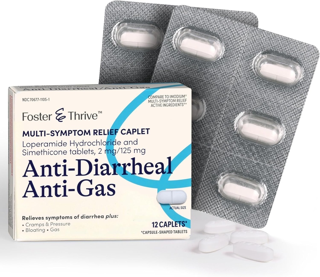 Foster & Thrive Loperamide Hydrochloride and Simethicone Anti-Diarrheal Anti-Gas Multi-Symptom Relief, 48 Caplets, Θεραπεία της Διάρροιας, Αερίου, Bloating, Cramps & Pressure, 12 Caplets (Pack of 4)