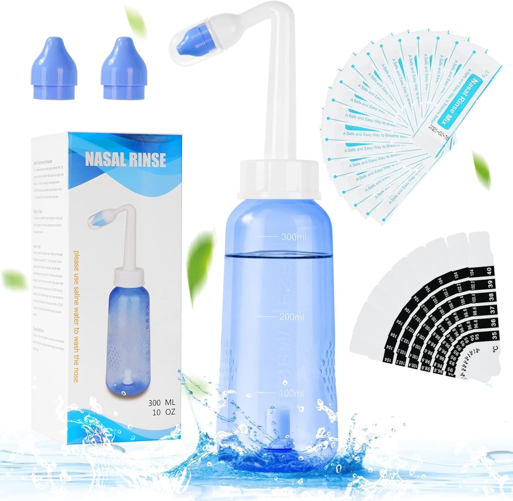 URAQT Neti Pot, Nasal Rinse Kit Nose Wash Cleaner, 300ml Sinus Rinse Μπουκάλι με 20 Nasινικό αλάτι Wash Packets και 10 θερμομέτρων Sticker, Πίεση Ξεπλύνετε Nasνική Άρδευση για ενήλικες και παιδί BPA Δωρεάν