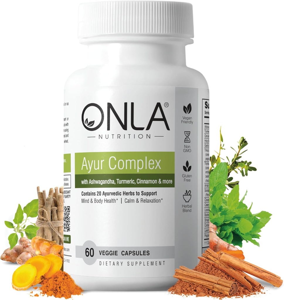 ONLA Vegan Ayurveda Αρωματικά Συμπληρώματα (20-σε-1 Βότανα Κάψουλες) - Turmeric Συμπληρώματα με Ashwagandha, Κανέλα, Triphala, Brahmi - Φυσικά Συστατικά, Βότανο Συμπληρώματα Ενέργειας (60 Cap)