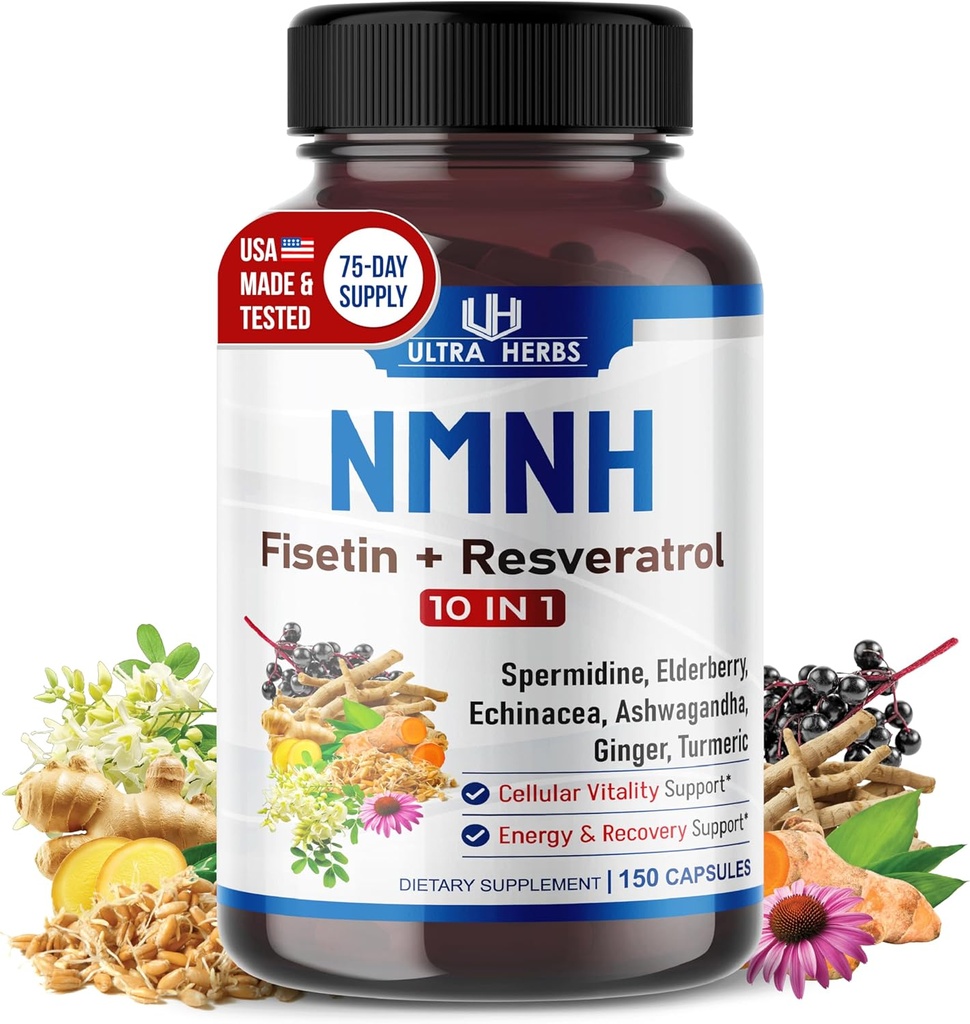 Ultra Herbs NMNH 10-in-1 – Fisetin, Resveratrol, Spermidine, Elderberry, Ashwagandha, Echinacea, Ginger, Turmeric – Healthy Aging & Vitality Support – 150 Capsules – Made in USA