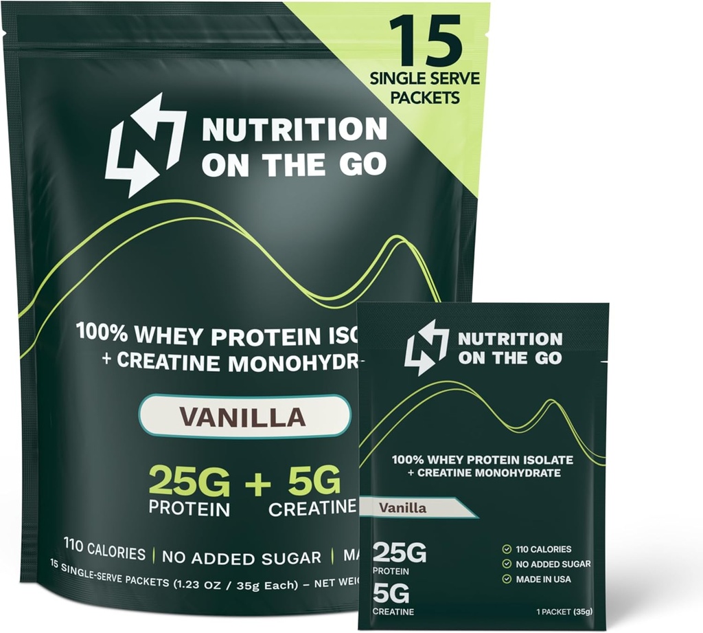 Διατροφή On The Go Whey Protein Isolate Packets με Creatine – 25g Πρωτεΐνη + 5g Creatine – Single-Serve Travel Protein Powder – Βανίλια (15-Pack)