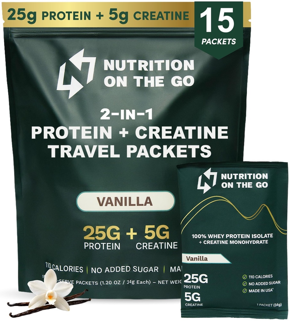 Nutrition On The Go Whey Protein Isolate Packets with Creatine - 25g Protein + 5g Creatine - Single-Serve Travel Protein Powder - 5.9g BCAAs, Keto & Low-Carb, Gluten-Free - Vanilla (15-Pack)
