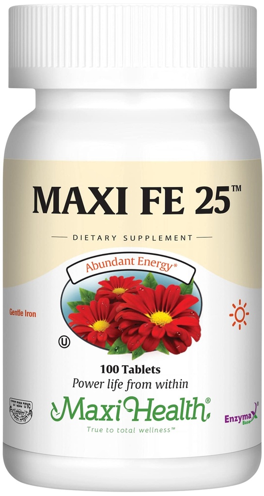 Maxi Health Iron Supplement for Women & Men - Gentle Iron 25 mg για το Στομάχι - Μη Συντηρητικά * Χάπια - Kosher - Μη ΓΤΟ - Χορτοφαγικά (100 δισκία)