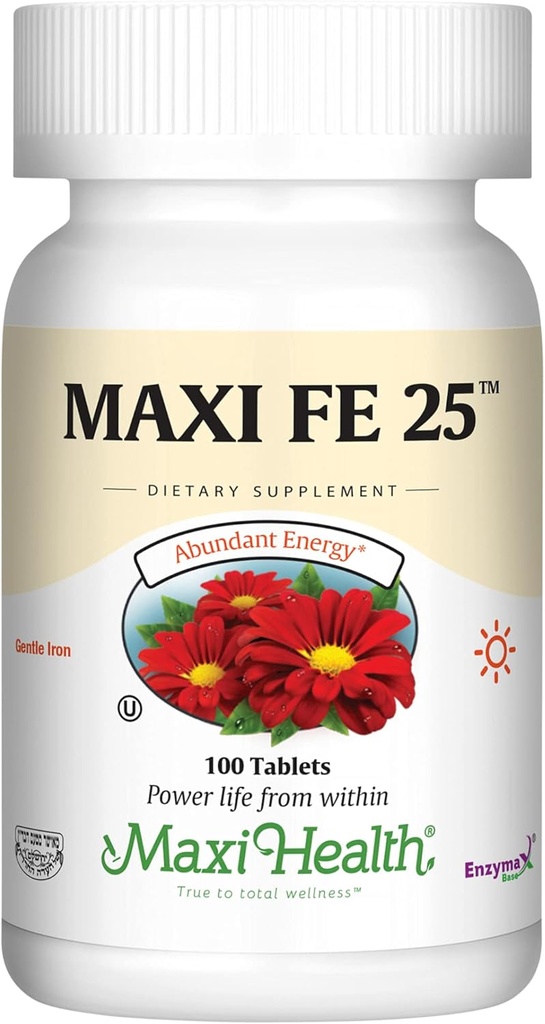 Maxi Health Iron Supplement for Women & Men - Gentle Iron 25 mg για το Στομάχι - Μη Συντηρητικά * Χάπια - Kosher - Μη ΓΤΟ - Χορτοφαγικά (100 δισκία)
