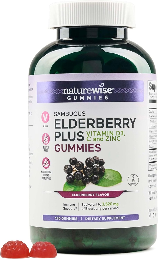 NatureWise Sambucus Elderberry Gummies - συμπλήρωμα υποστήριξης του ανοσοποιητικού για παιδιά Ηλικίες 4+ & ενήλικες με βιταμίνη C, D3, ψευδάργυρος - Learnberries Ισοδύναμο με 3520mg - Vegan, Non-GMO - 180 Count[90-Day Supply]