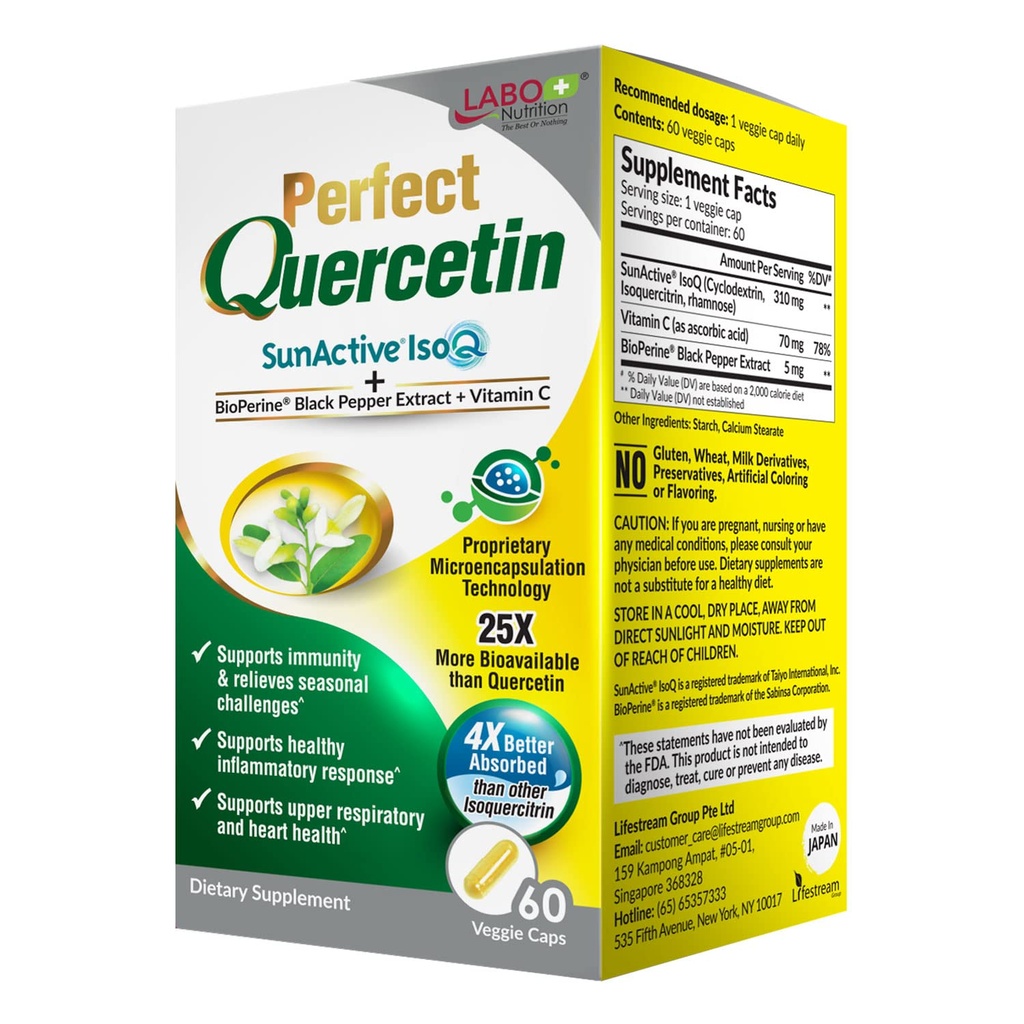LABO Nutrition Perfect Quercetin SunActive IsoQ Bioflavonoids, Vitamin C, 25x Περισσότερα Βιοδιαθέσιμα, για ανοσοποιητικό, Αλλεργία, ανακούφιση του κόλπου και καρδιοαγγειακή υποστήριξη - Υγιεινή αντίδραση φλεγμονής - 60s
