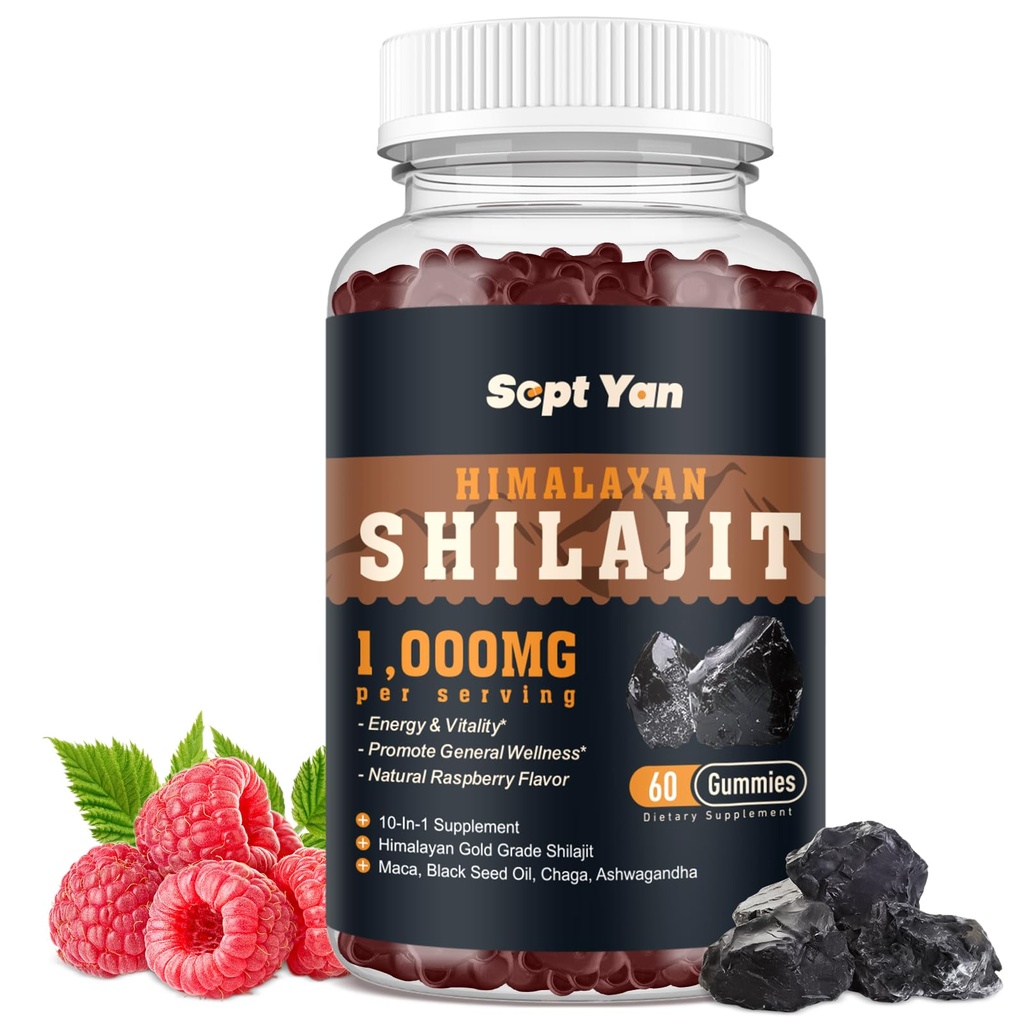 Shilajit Gummies 1000mg - Shilajit Καθαρό Ιμαλαΐων Βιολογικό για άνδρες & γυναίκες 85+ Ίχνη Ορυκτά Shilajit Resin με Ashwagandha, Maca, Μαύρο Έλαιο Σπόρου - Ενέργεια, Εγκέφαλος, Ανοσία, Ζάχαρη Χωρίς Βατόμουρο 60ct
