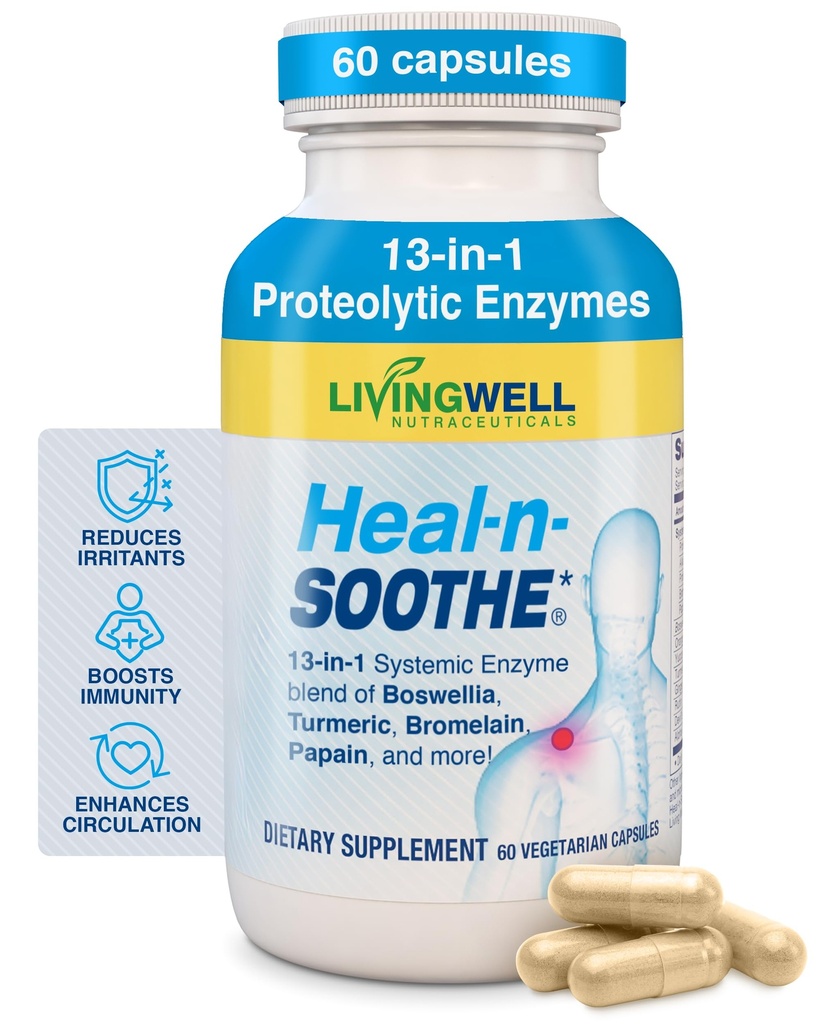 HEAL-N-SOOTHE κοινά συμπληρώματα υποστήριξης - πρωτεολυτικά ένζυμα όπως Bromelain & Papain, με Boswellia, Turmeric & Ginger- προάγει την πρωτεΐνη Digestive Function & Body Defense Wellness- 60 Count (1 Pack)