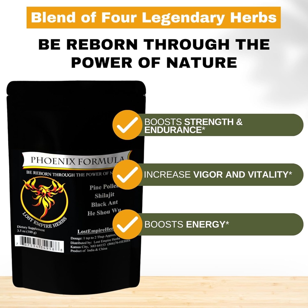 Phoenix Rejuvation Formula - Lost Empire Herbs Energy Blend of 4 Top Natural Health Herbs Pine Pollen, He Shou Wu, Ant, και Shilajit (100g σκόνη)