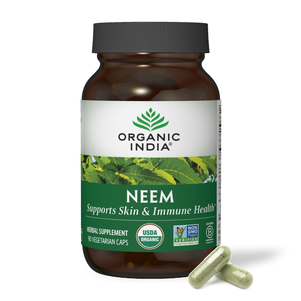 ORGANIC INDIA Neem Leaf Κάψουλες - Βότανο συμπλήρωμα, υποστηρίζει το δέρμα & ανοσοποιητικό υγεία, Vegan, χωρίς γλουτένη, USDA Certified Organic - 90 Count