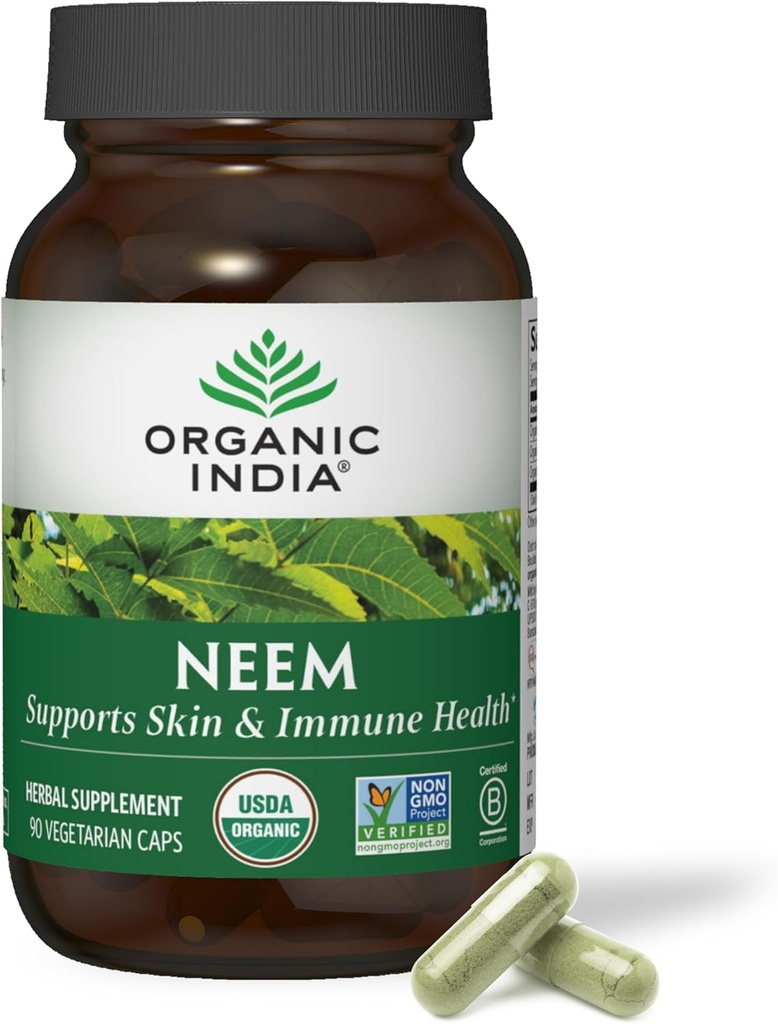 ORGANIC INDIA Neem Leaf Κάψουλες - Βότανο συμπλήρωμα, υποστηρίζει το δέρμα & ανοσοποιητικό υγεία, Vegan, χωρίς γλουτένη, USDA Certified Organic - 90 Count