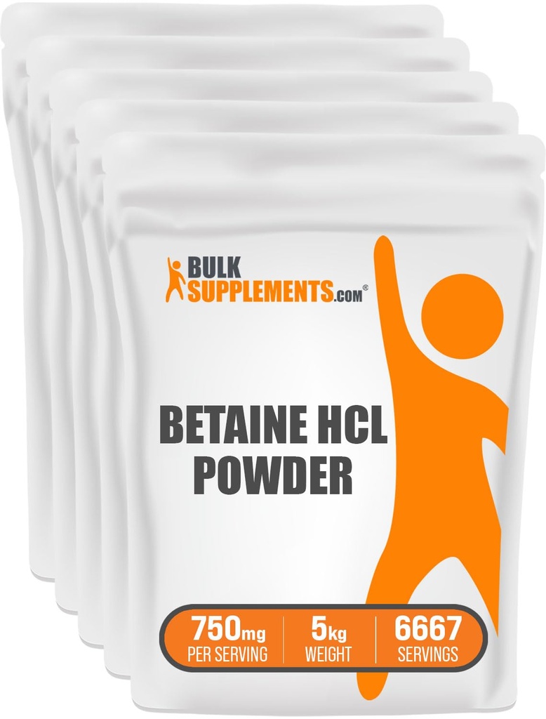 BulkSupplements.com Betaine HCl Powder - Betaine Hydrochloride Supplement, Betaine Powder - Betaine 750mg, Digestive Health Support - Χωρίς γλουτένη, 750mg ανά Σερβίρισμα, 5kg (11 lbs)