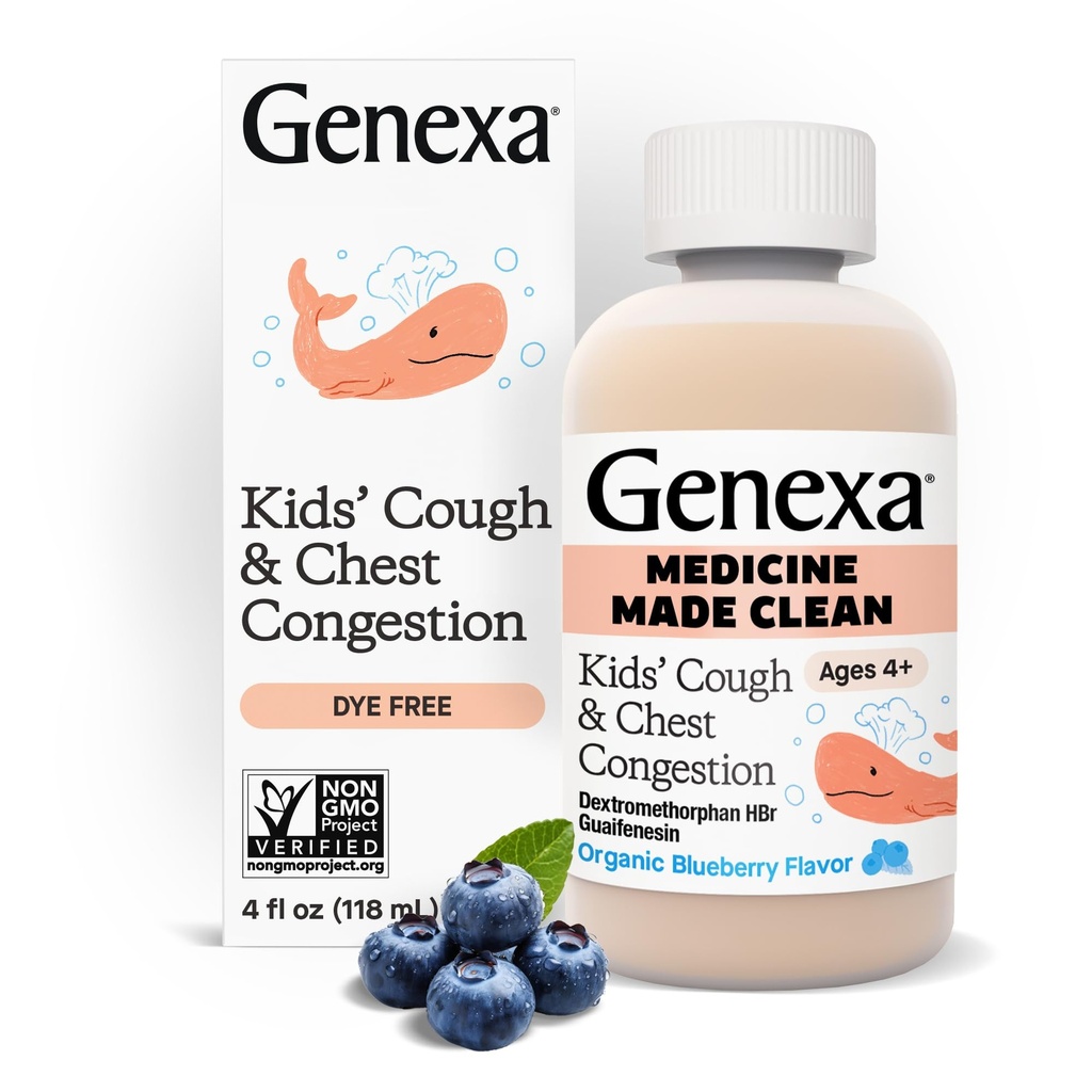 Genexa Kids’ Clean Cough & Chest Congestion Medicine, Dye Free, 0% Artificial Additives, Multi-Symptom Cough Syrup for Kids 4-11, Cough Suppressant & Expectorant, Organic Blueberry Flavor, 4 fl oz