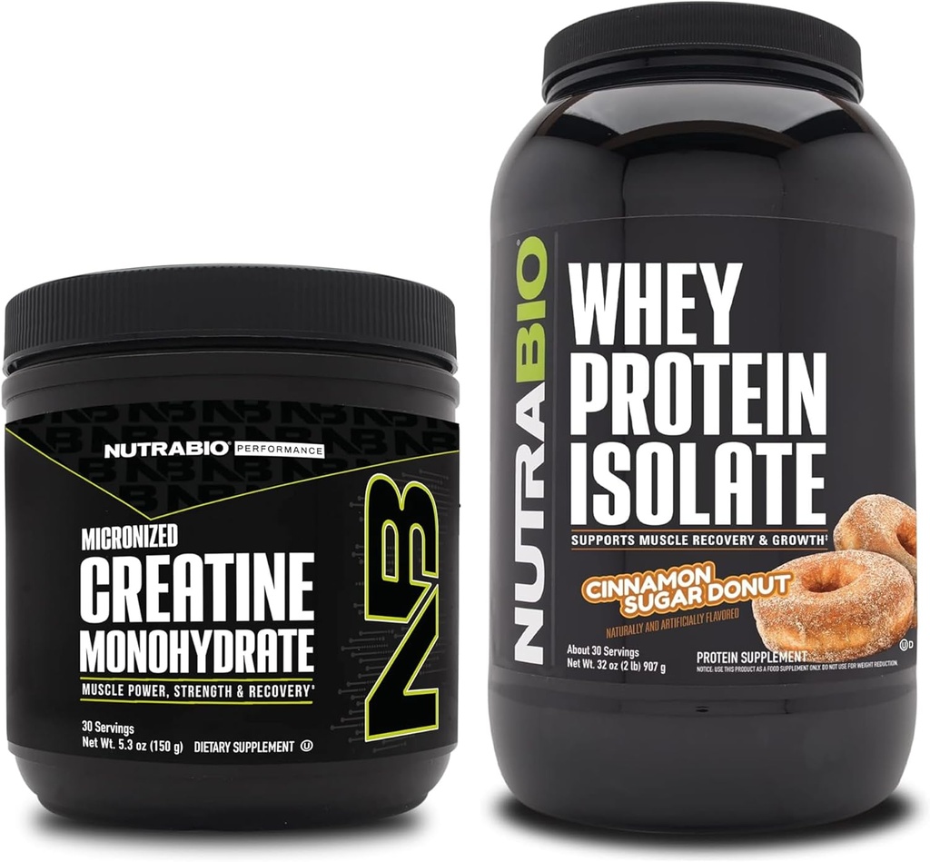 NutraBio Creatine Monohydrate, Unflavored, 150g και Whey Protein Isolate, κανέλα ζάχαρη Donut, συμπλήρωμα Bundle - μυϊκή ενέργεια, Lean μυϊκή ανάπτυξη, ανάκτηση, και δύναμη