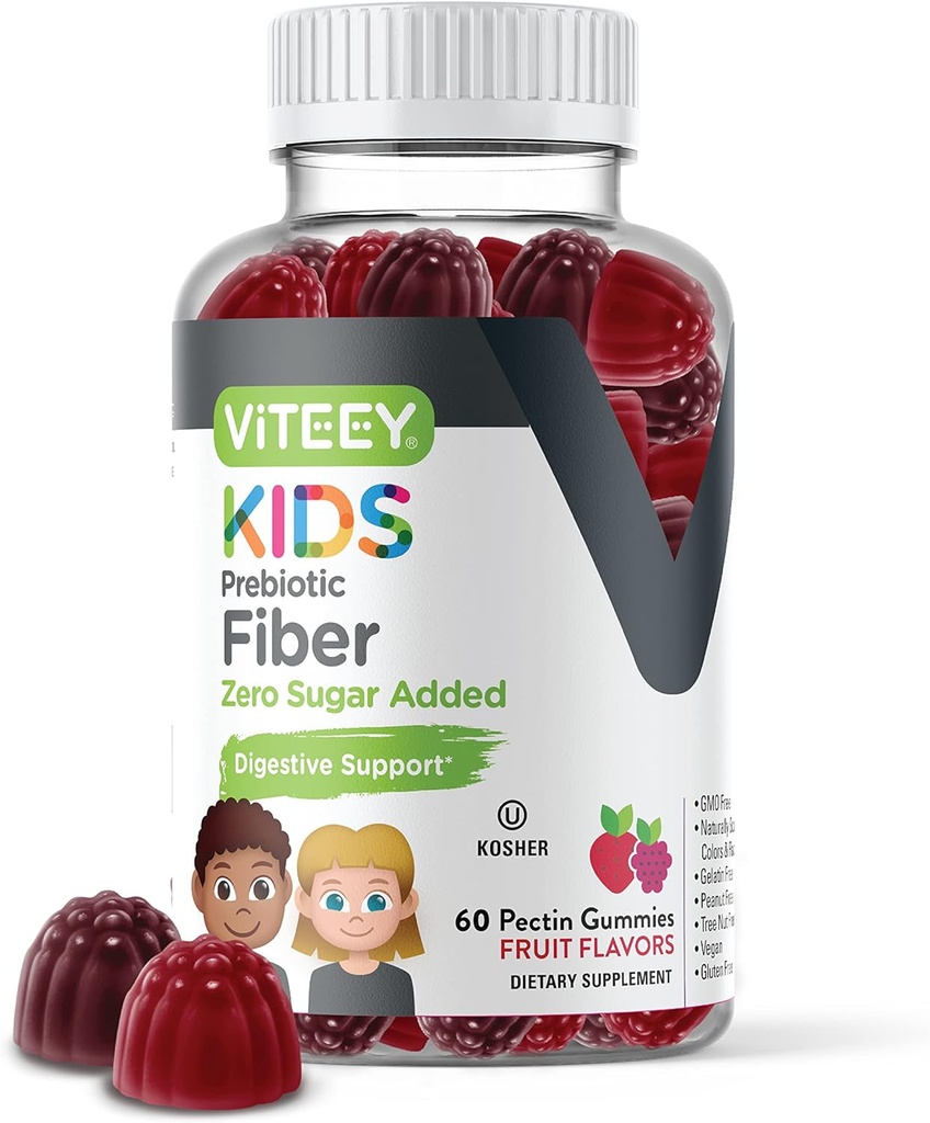 Viteey Prebiotic Kids Fiber για την ανακούφιση της δυσκοιλιότητας, Digestive Health Regularity Support, Natural Weight Support - Fiber 4g, Zero Sugar Added, Vegan, Gluten Free - Νόστιμο Cheastable Fruit Flavored Gummy