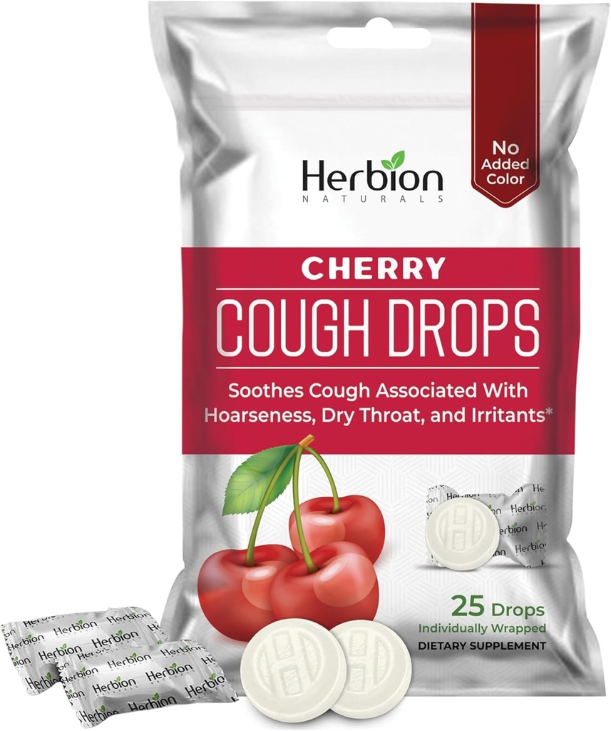HERBION Naturals Cough Drops with Natural Cherry Flavor, Dietary Supplement, Soothes Cough, for Adults and Children Over 6 Years, 25 Drops, No Artificial Flavor, Pack of 1