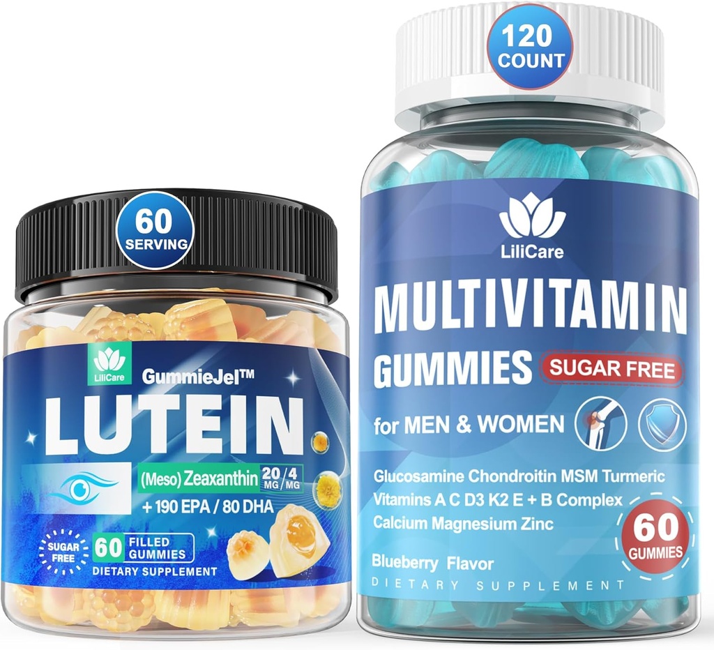 Χωρίς ζάχαρη Lutein 20mg Ζεαξανθίνη Βιταμίνες ματιών Γεμισμένες Gummies με EPA 190mg & DHA 80mg + Πολυβιταμίνη με Glucosamine Chondroitin MSM για Ανοσολογική Υποστήριξη, Άνδρες & Γυναίκες - (πακέτο των 2)
