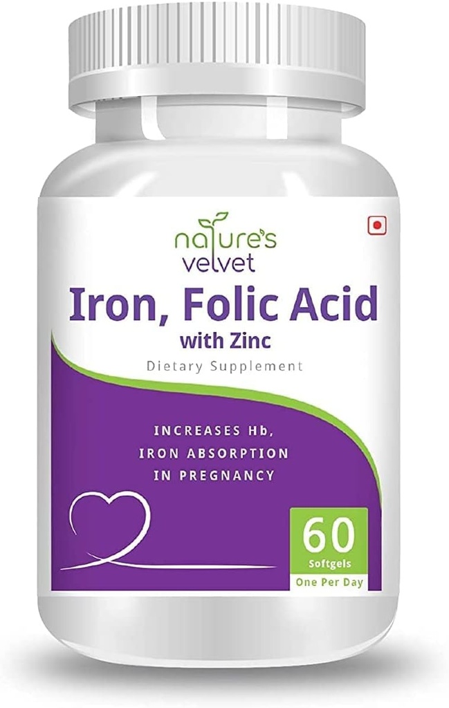 Natures Velvet Lifecare Iron & Follic Acid with Zinc, for Συμπληρωματικό στην εγκυμοσύνη, 60 softgels
