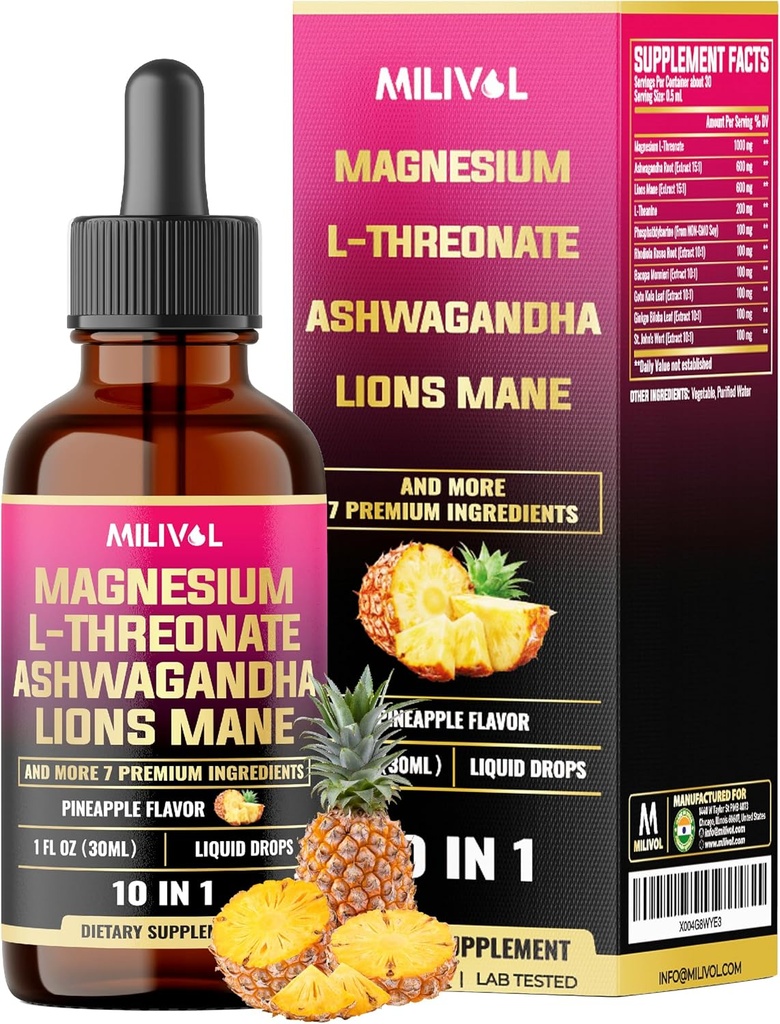 10in1 Μαγνήσιο L-Θρεονικό υγρό σταγόνες με Ashwagadha, Lions Mane & 7 Περισσότερα βότανα - 1 Fl Oz - Ανανάς Γεύση