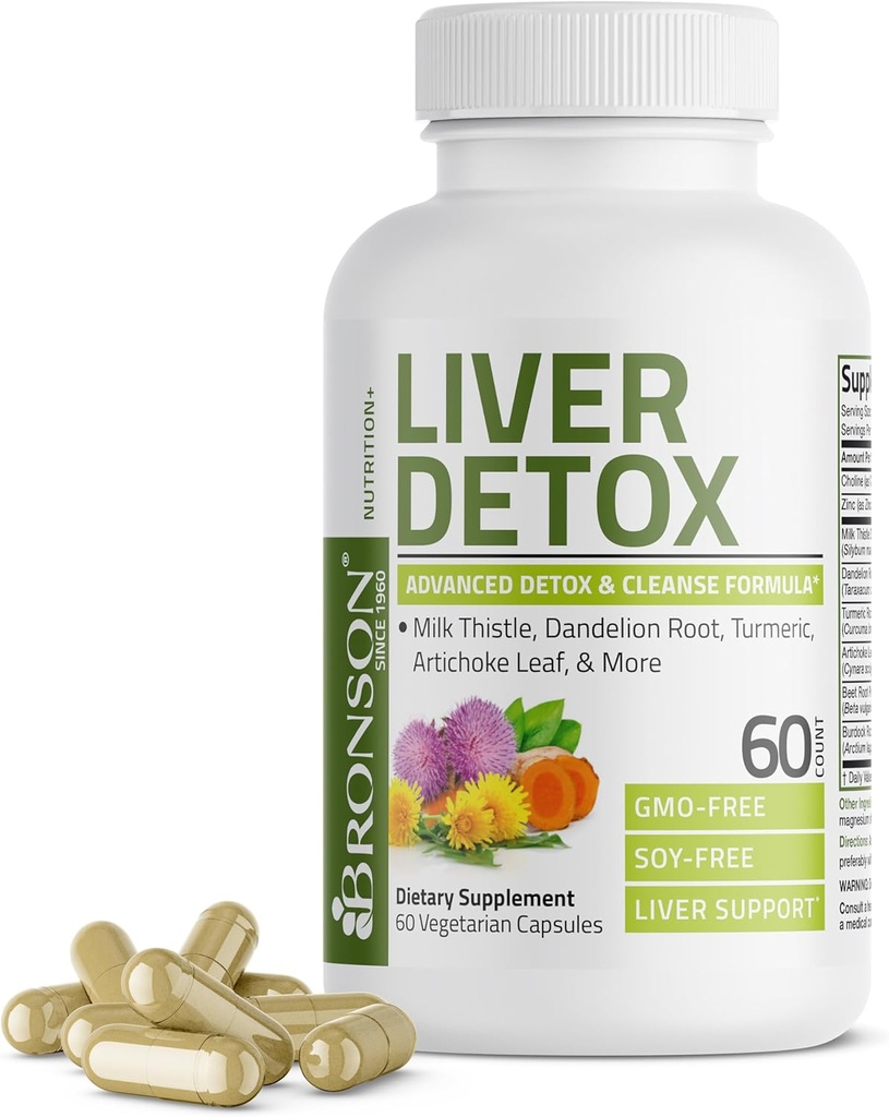 Bronson Liver Detox Advanced Detox & Cleansing Formula υποστηρίζει τη λειτουργία του ήπατος υγείας με το κριθάρι γάλακτος, ρίζα δαντελίων, κουρκουμά, φύλλο Artichoke & More, μη ΓΤΟ, 60 κάψουλες χορτοφάγων