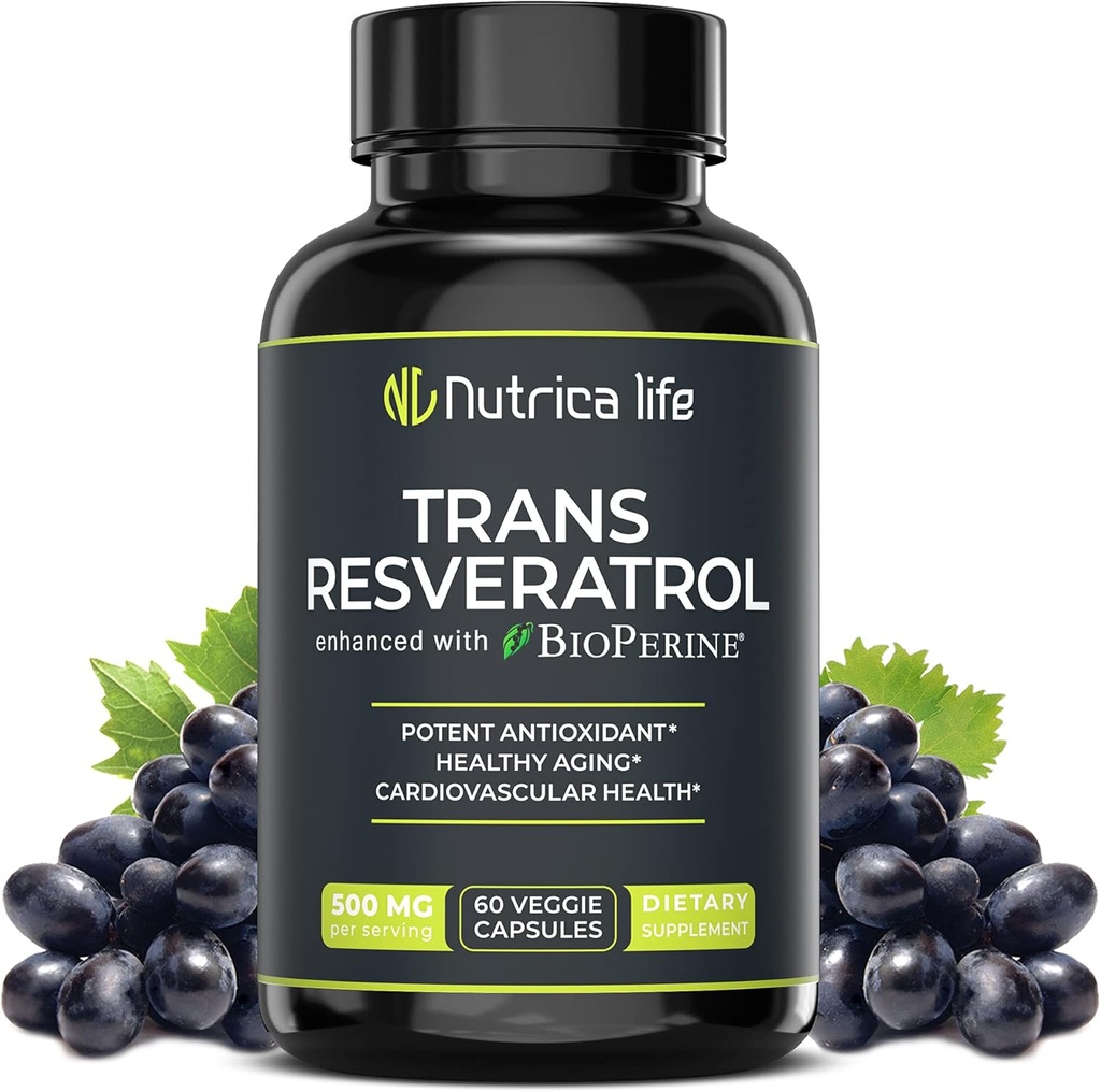 Trans Resveratrol συμπλήρωμα 500mg ισχυρή φόρμουλα κατά της γήρανσης, ισχυρό αντιοξειδωτικό για την καρδιά & κυτταρίτιδα υγεία, Brain Booster συμπληρώματα με Bioperine, 60 Vegan Caps