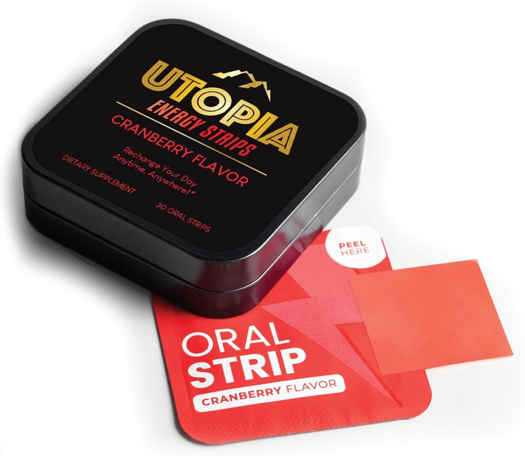 Ενεργειακές ταινίες με βιταμίνη B12 & L Theanine, Natural 50mg καφεΐνη για την ενίσχυση της ενέργειας, Cranberry άρωμα, στοματική λωρίδα (30 κόμης)
