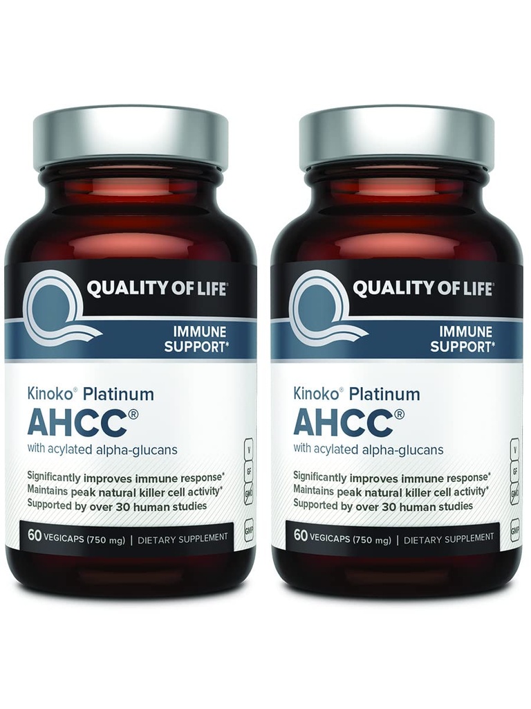Ποιότητα ζωής AHCC Kinoko Platinum 750 mg – Premium συμπλήρωμα ανοσοποίησης - Συσκευασία των 2, 60 μπουκαλιών κόμη