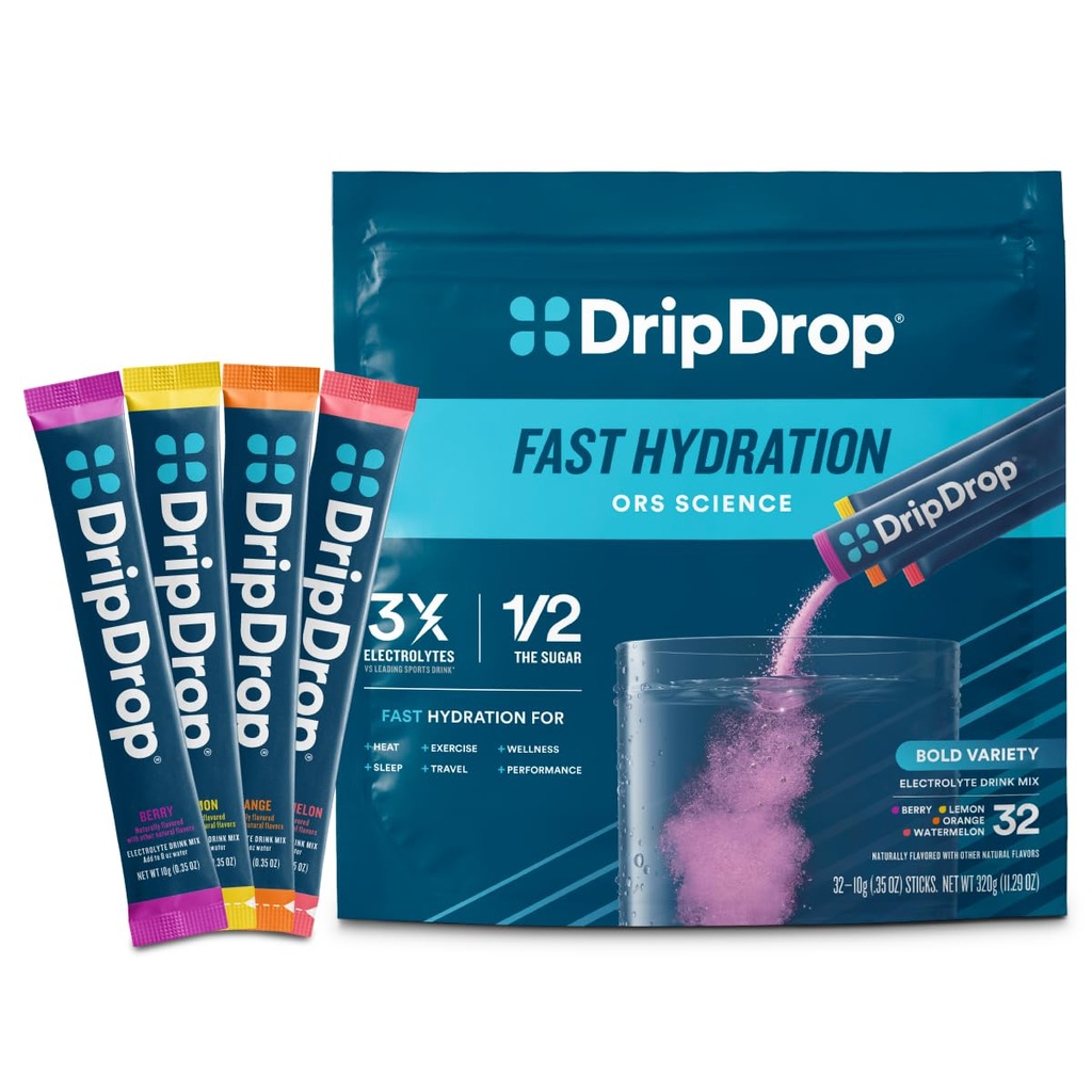 DripDrop Hydration Packets - Bold Variety Pack - Single Σερβίρετε Ηλεκτρόλυτες Powder Drink Mix - Καρπούζι, μούρο, λεμόνι, πορτοκάλι - Μη ΓΤΟ, Χωρίς γλουτένη, Vegan - 32 Sticks