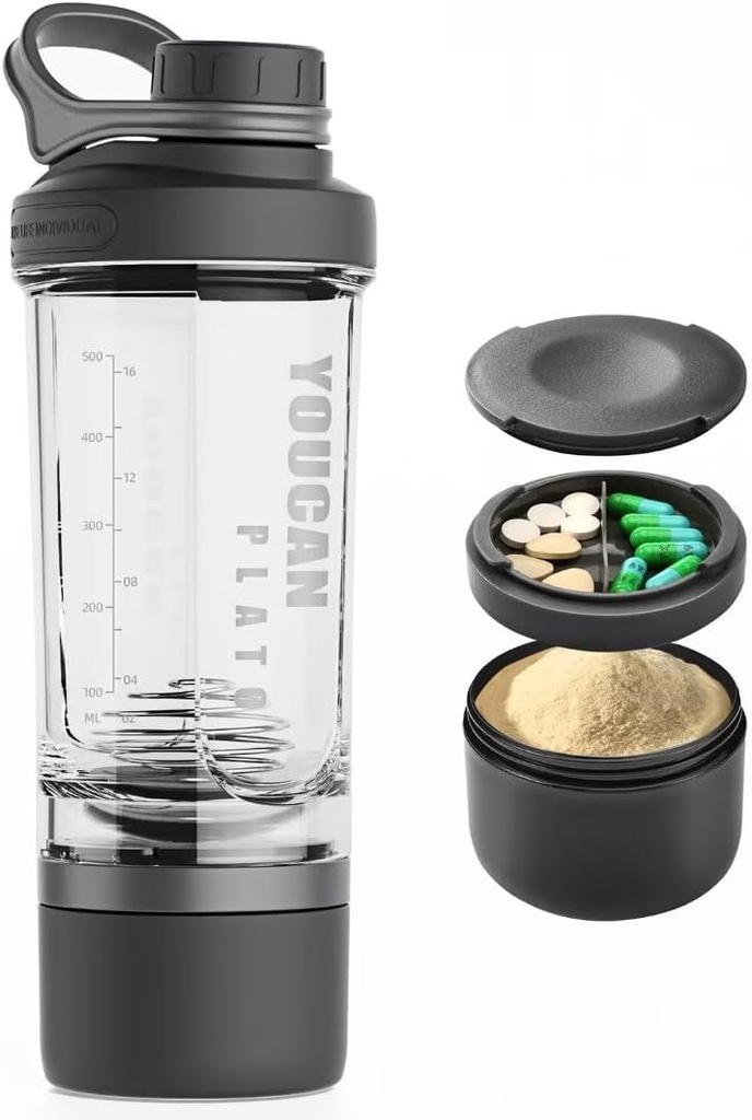 21oz μπουκάλι αναδευτήρα πρωτεΐνης με σκόνη αποθήκευσης εμπορευματοκιβωτίων-Shaker Κύπελλα για πρωτεΐνη Shakes-pre προπόνηση μπουκάλι-Mixer Cup-Gym Sport Μπουκάλι νερού - Κατασκευάζεται με Tritan BPA Δωρεάν, με Wire Whisk Μπάλες (Μαύρο)