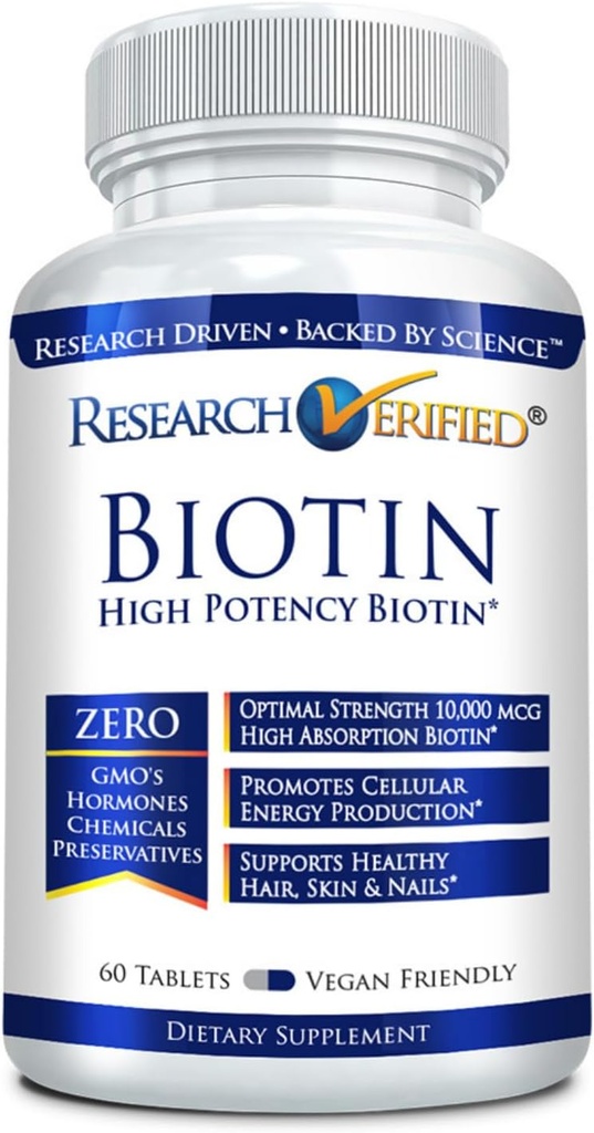 Research Verified Biotin – Pure Biotin Extra Strength 10,000mcg for Improved Hair, Skin and Nail Health - 60 Vegan Tablets, Made in USA