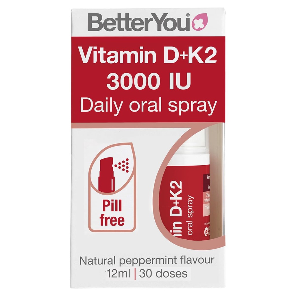 BetterYou D3000 και K2 Vitamin D Καθημερινή Στοματικό Σπρέι - Βολικό Εναλλακτικό για Ταμπλέτες - Υποστηρίζει την υγεία των οστών και την ενίσχυση του ανοσοποιητικού συστήματος - Αποτρέπει την πήξη του αίματος - Φυσικό άρωμα μέντας - 0.4 oz