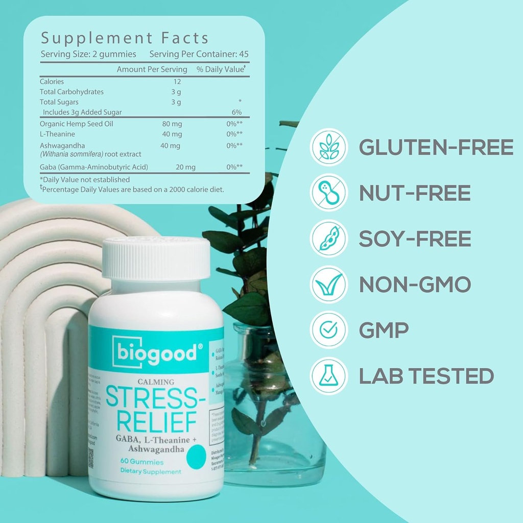 Stress-Relief with Ashwagandha + L-Theanine, GABA | Daily Dose, 60 Gummies