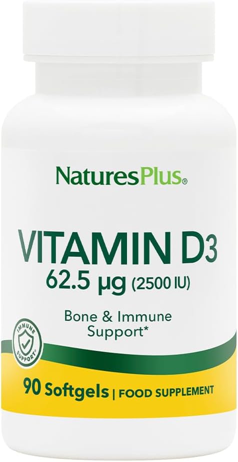 NaturesPlus Vitamin D3 (Χολκαλσιφερόλη) - 2500 eu, 90 Softgels - Υγεία των οστών, υγεία της καρδιάς & ανοσοποιητικό σύστημα συμπλήρωμα υποστήριξης, Βιοδιαθέσιμη ενεργό μορφή - Χωρίς γλουτένη - 90 εξυπηρετήσεις