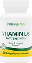 NaturesPlus Vitamin D3 (Χολκαλσιφερόλη) - 2500 eu, 90 Softgels - Υγεία των οστών, υγεία της καρδιάς & ανοσοποιητικό σύστημα συμπλήρωμα υποστήριξης, Βιοδιαθέσιμη ενεργό μορφή - Χωρίς γλουτένη - 90 εξυπηρετήσεις