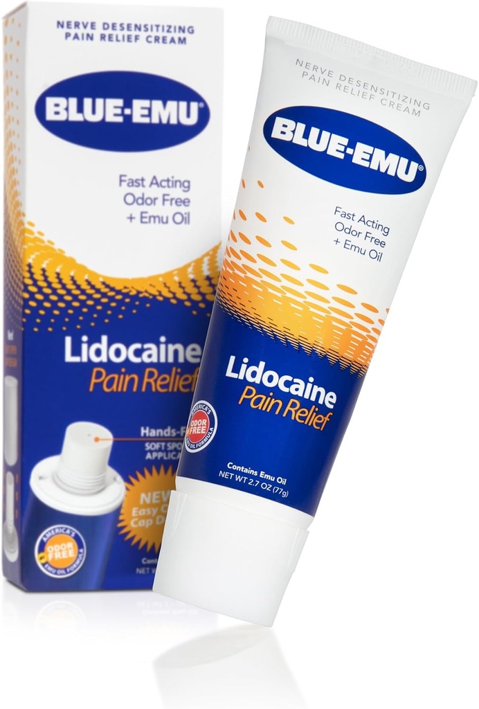 BLUE-EMU Lidocaine Pain Relief Cream for Fast, Numbing Relief, 2.7 Oz, 1 Pack