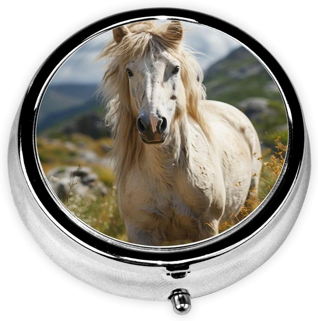 Round Pill Box Horse on Green Grass Χαριτωμένο μικρό Pill Υπόθεση 3 Διαμέρισμα Pillbox για Pocket Portable Pill Κάτοχος Δοχείου για να κρατήσει βιταμίνες Φάρμακα ιχθυέλαιο και συμπληρώματα