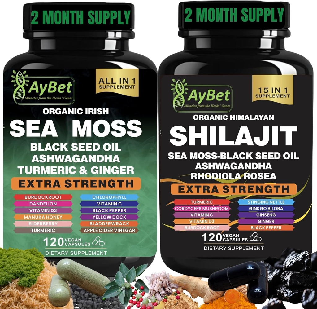 Sea Moss Shilajit Combo Bundle Capsule, Black Seed Oil, Ashwagandha, Rhodiola Rosea, Burdock, Turmeric, Ginger, VitC, VitD3, Όλα σε ένα συμπλήρωμα, 240 κάψουλες, Hanal, Vegan, USDA Organic