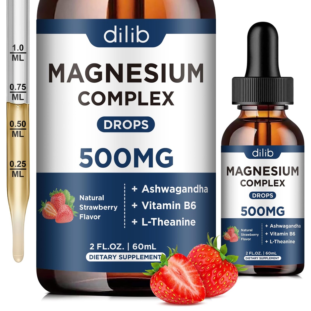Triple Magnesium Complex Supplement-Magnesium Glycinate, Citrate, Mayate Liquid Drops 500mg με Ashwagandha, L-Θεανίνη, Βιταμίνη B6 για την ανακούφιση από το στρες, τον ύπνο, την μυϊκή υποστήριξη-Strawberry Flavor